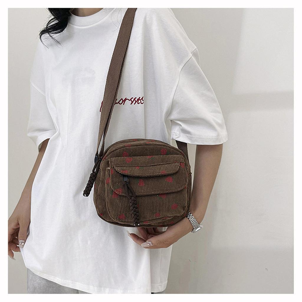 Women Corduroy Crossbody Bag Strawberry Print Multi Layer Shoulder Bag Versatile Phone Purse Square Bag Travel Coin Purses
