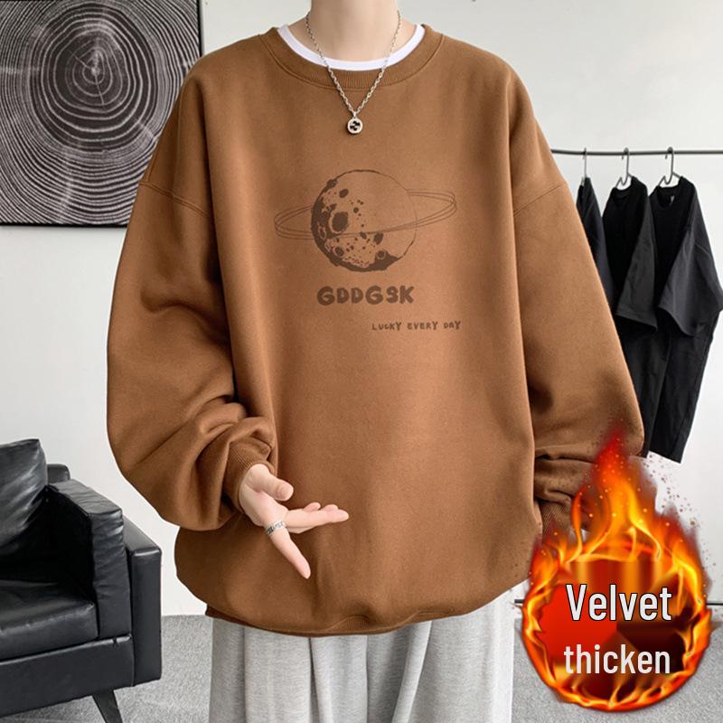 

2025 American Retro Men s Plus Velvet Hoodie - Autumn/Winter Trendy Round Neck Base Layer Undershirt XL