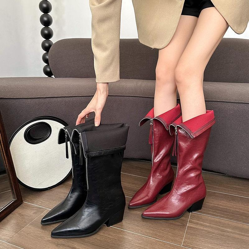 Fashion Middle Heel Pointed Toe Leather Women's Long Boots Autumn Winter Fashion 2025 Y2k Chic and Elegant Ladies Knee High Shaft Shoes
