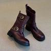 Sheepskin version~ retro round head belt buckle medium boots 2025 new thick heel Martin boots knight boots