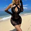Sex Underwear Hollow Long-sleeved Halter Sexy Tight-fitting Perspective Hip Skirt Short Skirt