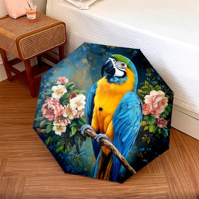 Flower Parrot Pattern, Automatic Folding Umbrella, Portable and Foldable Design, 8 Ribs, a Christmas or Birthday Gift.