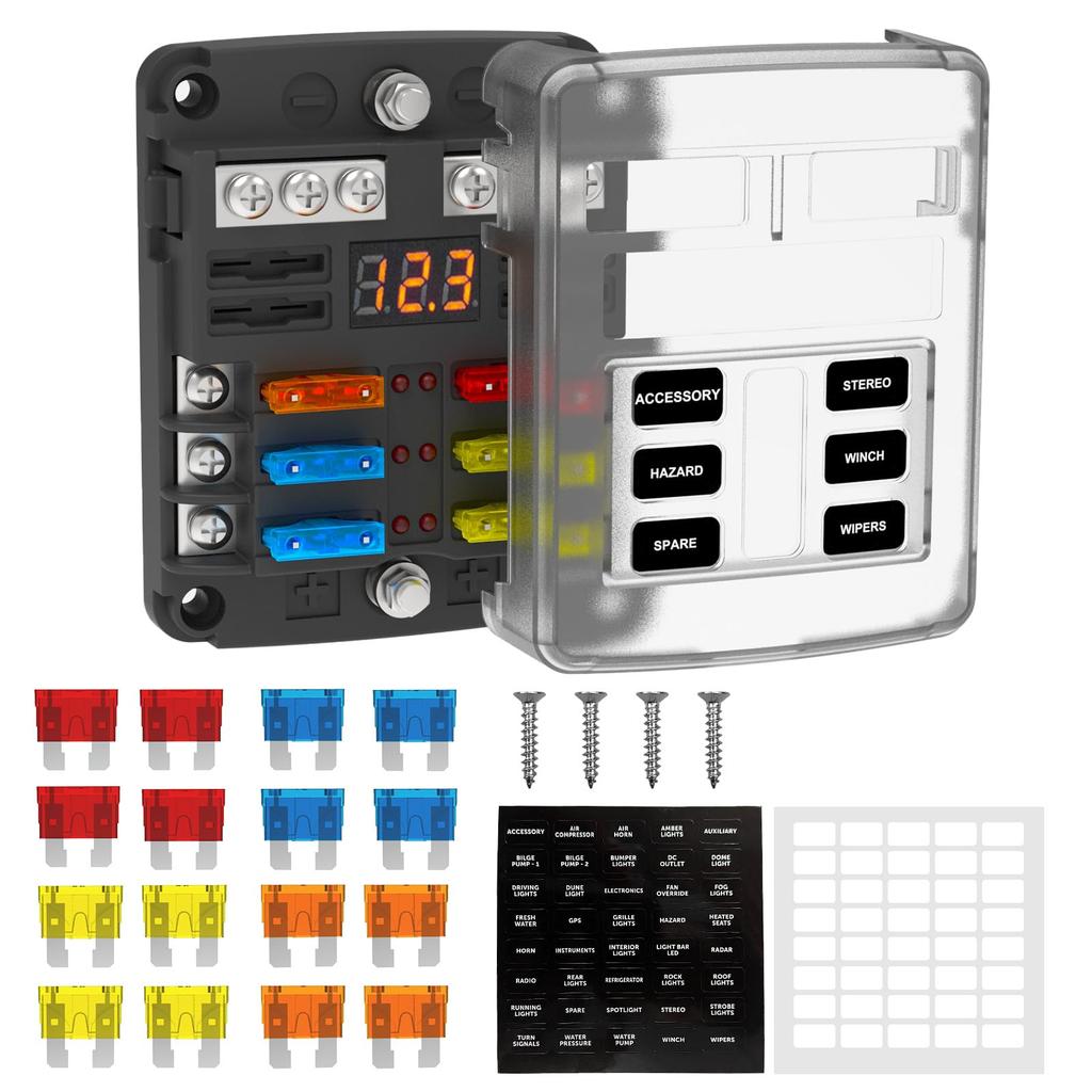 UCkasayfy 6 Way Fuse Block /24V ATO/ATC Fuse Block 16 Fuses with LED Display for Car, Boat, RV, Truck