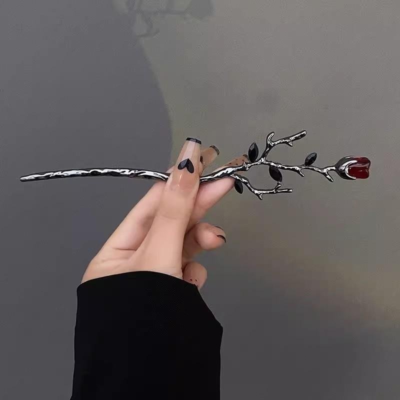 

2025 New Chinese Hairpin Hair Stick Rose Flower Crystal Branch Metal Texture Vintage Hair Accessories for Women Headwear Jewelry