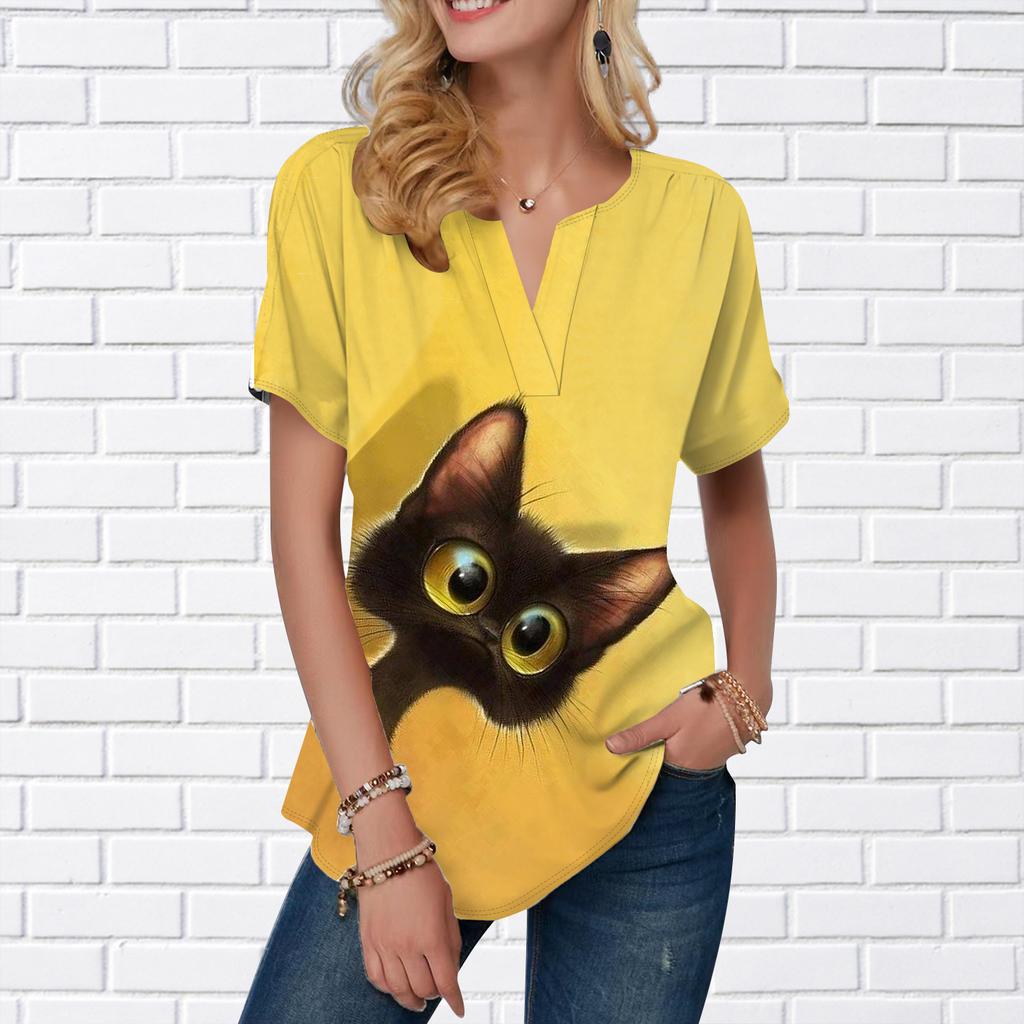 Damen Sommer T-Shirt Linie Katze Druck Kurzarm T-Shirts Lässige Bedruckte Oberteile Kleiner V-Ausschnitt Kurze Ärmel