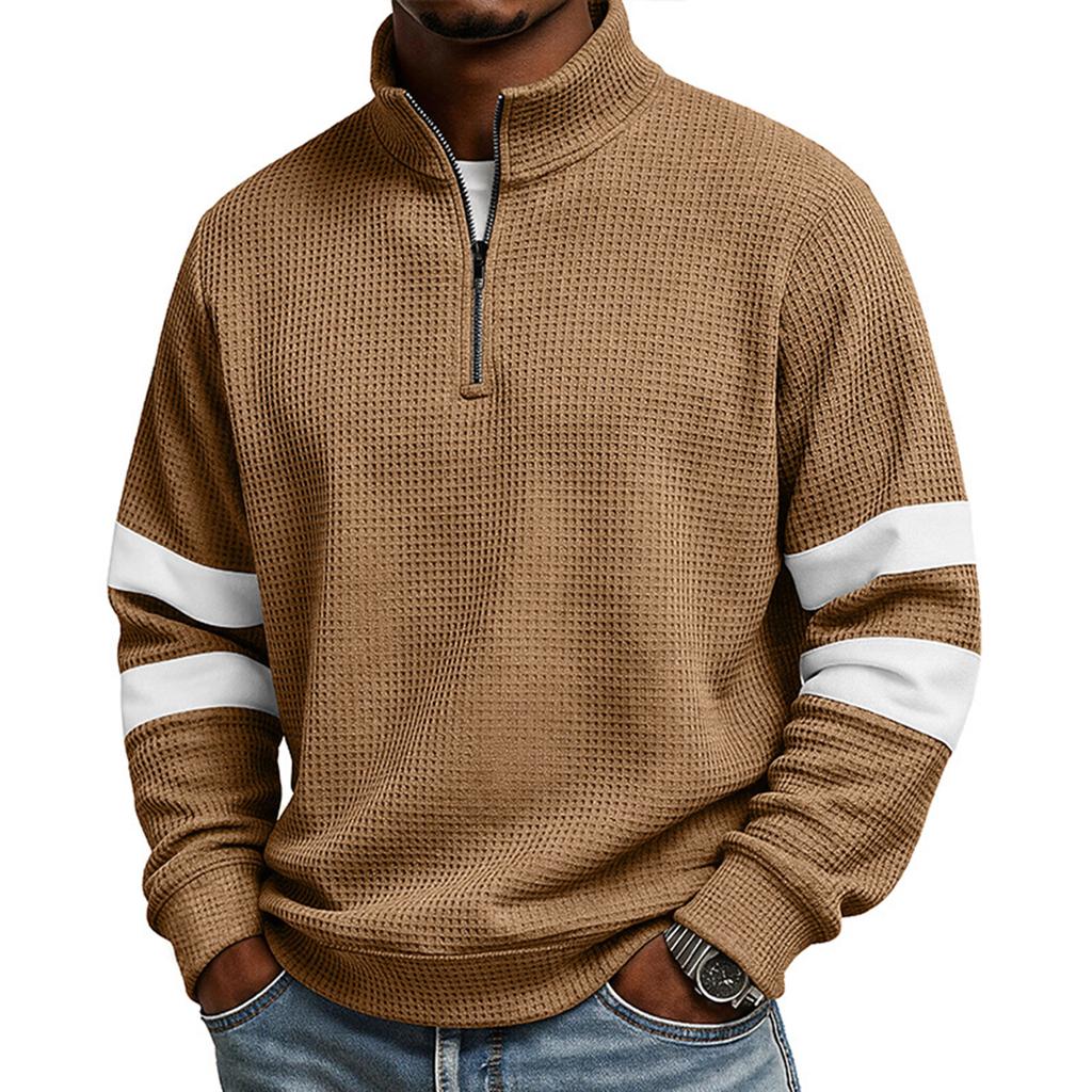 Men's Long Sleeve Quarter Zip Waffle Knit Pullover Sweater Loose Fit Stand Collar Casual Top with Color Block Sleeve Stripes