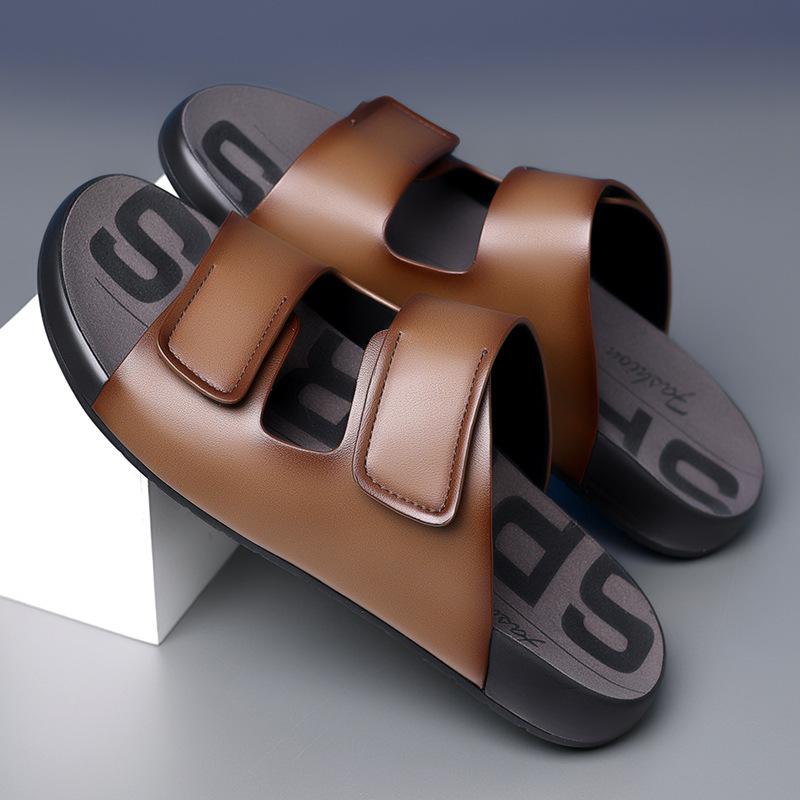 Leather sandals high-end men's 2025 summer new trendy shoes soft-soled business casual shoes men wear microfiber slippers soft leather
