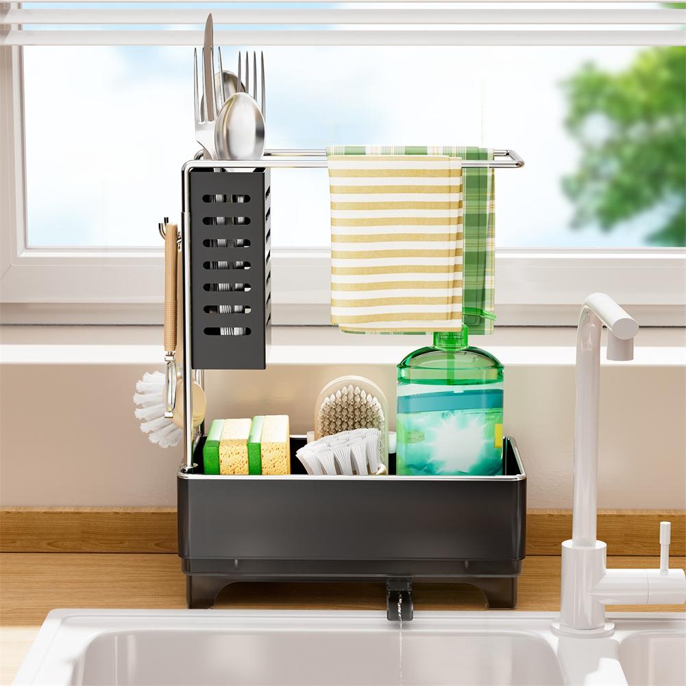 Kitchen Sink Drain Rack Sponge Holder with Soap Dispenser and Towel Bar Space Saving Design for Clean Kitchens