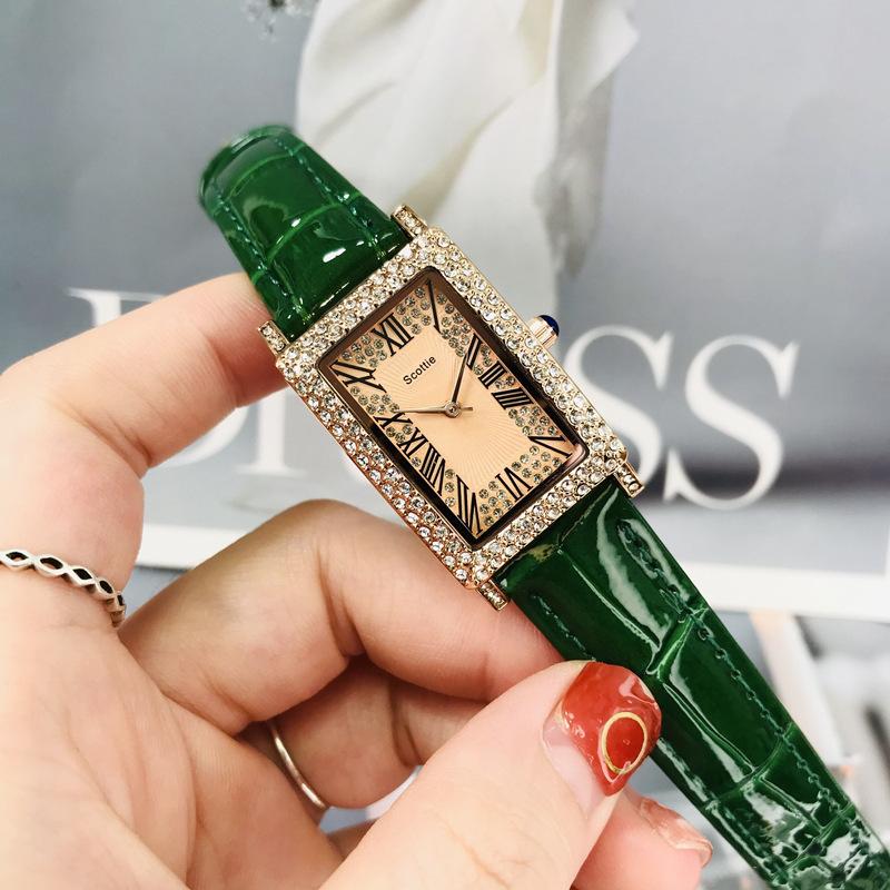 Rechthoekig Zigeuner Ster Diamant Horloge Dames Leer High-End Delicaat Dameshorloge groen