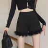 Women's High-Waisted Black Fur Shorts with Boots - 2023 Autumn/Winter A-Line Hot Pants