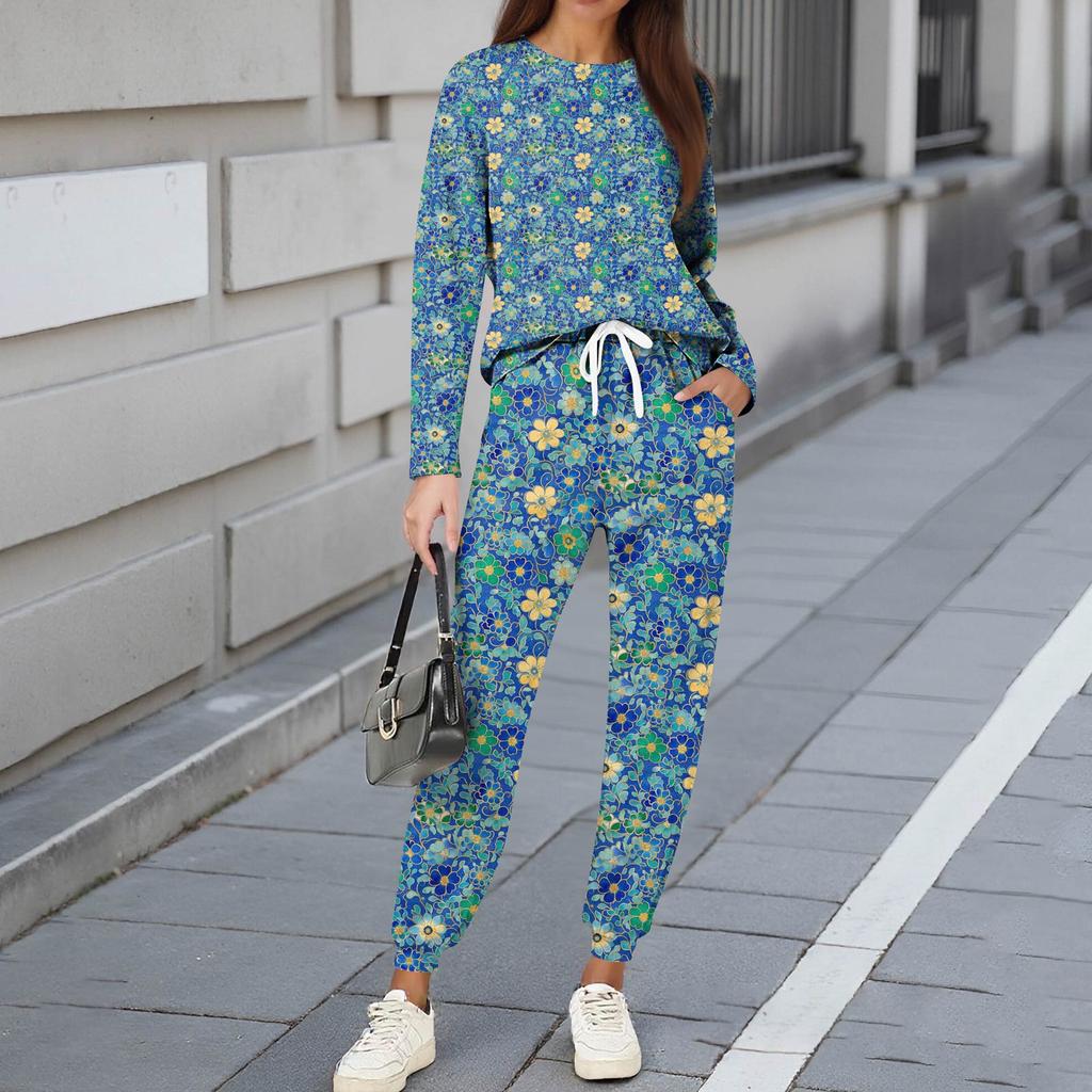 Sets für Damen 2-teilig Rundhals Langarmshirts Bedruckte Jogginghosen Taschensets