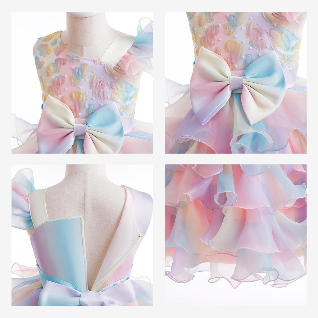 Miipat Rainbow Party Dress with Sequins and Perfect for Formal and Size Kids' Dress, Off-the-Shoulder Ribbons, Occasions, Recitals, Birthdays,