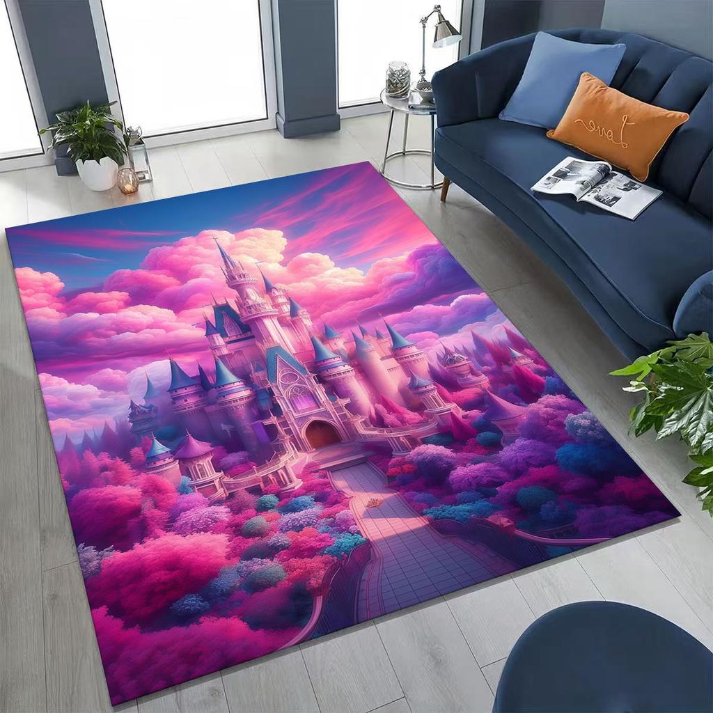 Enchanted Fairytale Princess Castle Gothic Castle Cartoon Rug for Bedroom Living Room Sofa Home Doormat Decor, Kids Non-slip Mat