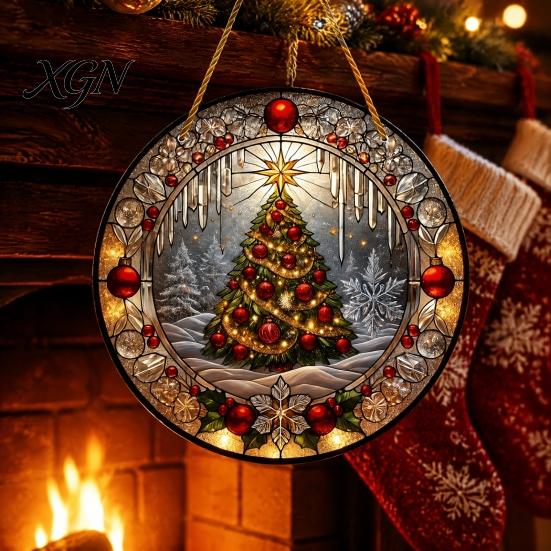 Runde Buntglas-Weihnachtsbaumschmuck Stil Acryl Fensterhänger, Weihnachtsbaum Schneeszene Innenparty-Dekorationen Sonnensammler, Tür Heimdekoration