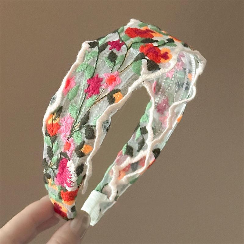Vintage květinová vyšívaná čelenka, široká vlasová gumička s krajkovou ozdobou pro ženy