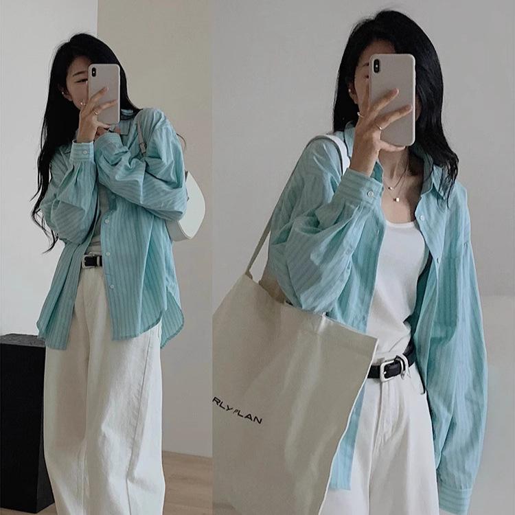 

Women s Mint Blue-Green Striped Shirt: New Spring/Summer Design, Casual Layered Sun Protection Jacket. L