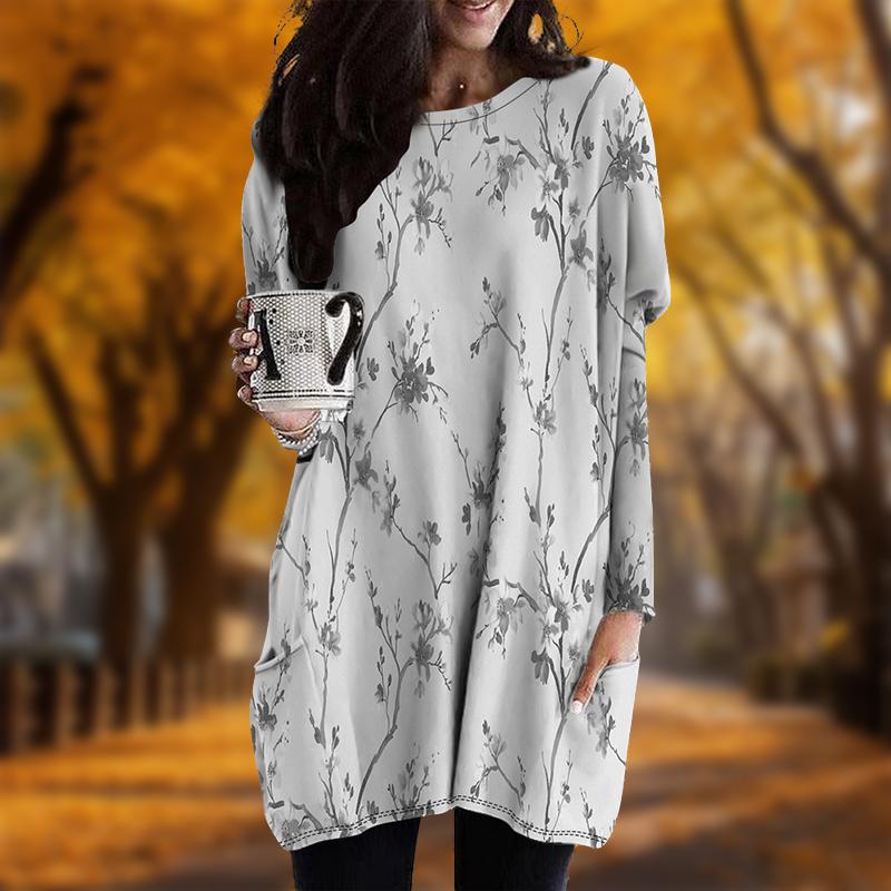 New In Autumn Elegant Plum Blossom Print Plus Size Dress Women O'neck Long Sleeves Casual Pocket Dresses