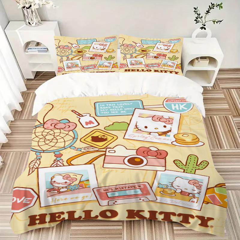 3pcs Hello Kitty's Holiday Quilt Cover Set (1 Quilt Cover + 2 Pillowcases Without Pillow Core), High-Definition Printing for Home and Dormitory.W