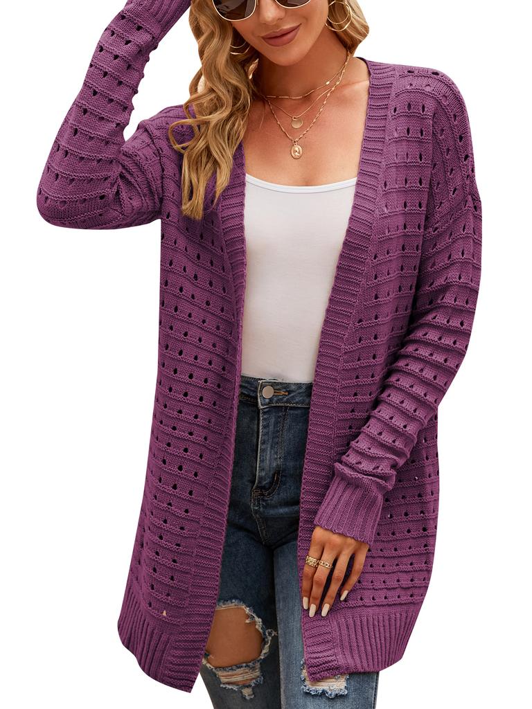 Dámský kardigan s otevřeným předním dílem, dlouhým rukávem, dírkovaný, volný, pletený, ležérní kabát