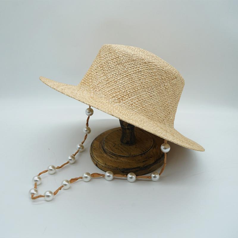 Internet Celebrities With The Same French Celebrity Retro Elegant Pearl Chain Treasure Grass Flat Top Top Hat Women'S Summer Sunshade Vacation