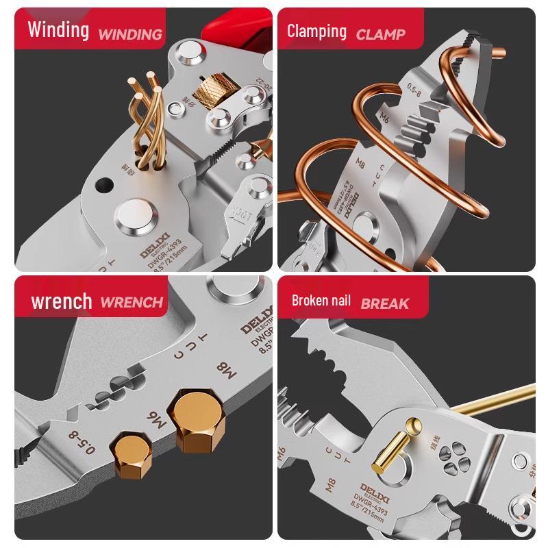 Delixi 16-in-1 Multifunctional Wire Stripper Pliers: Folding Buckle for Stripping, Separating, Winding, Crimping, and Cutting.