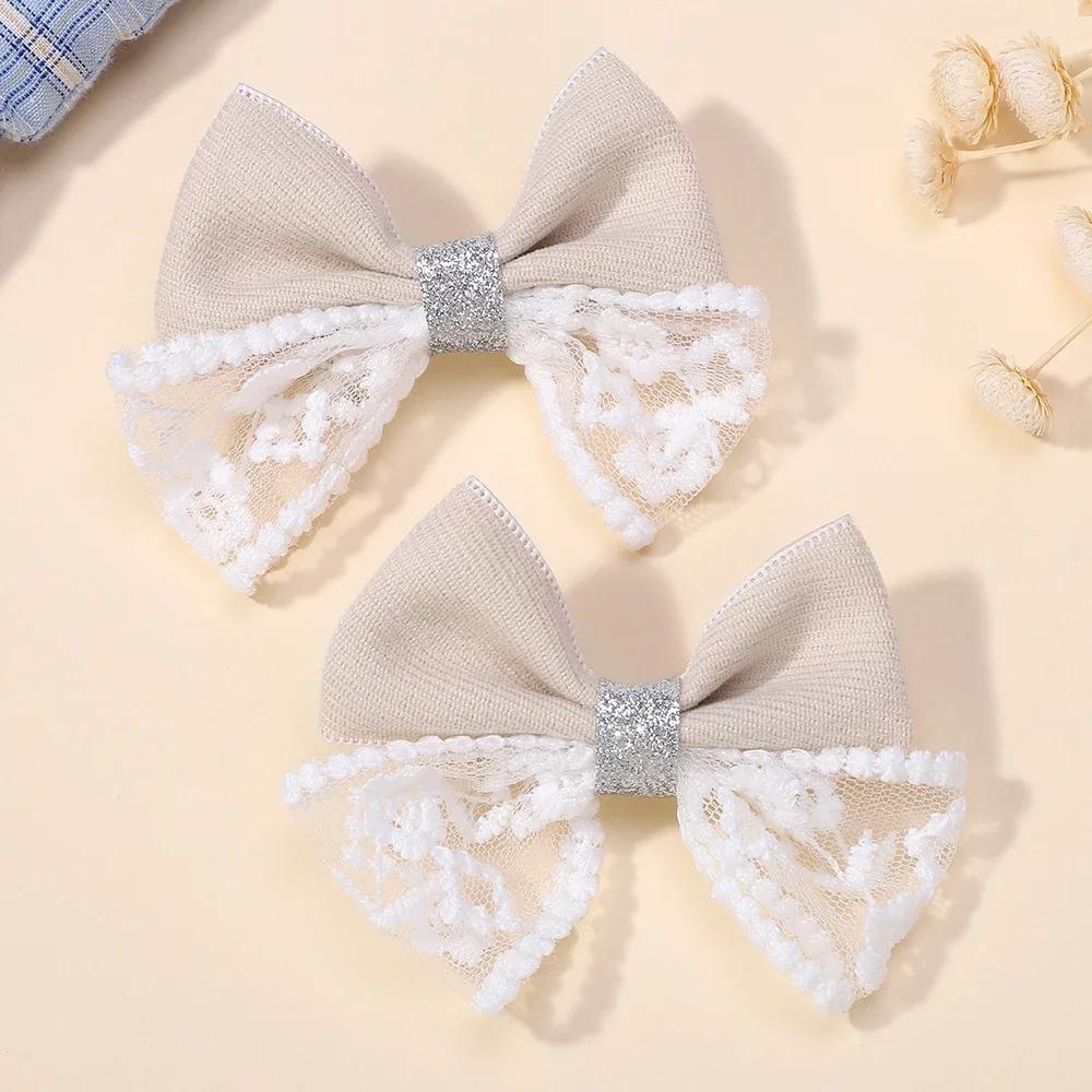 RAINBOW BOWS 2Pcs/lot Sweet Lace Bowknot Hair Clip for Kids Fashion Denim Blue Hairpin Hairgripes Girl Party Hair Accessories