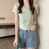 Women Solid V Neck Short Sleeve Curved Hem Slim Fit Cropped Casual Basic Tee Shirt
