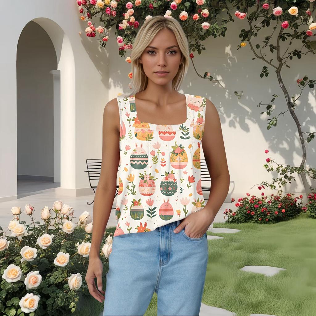 Women's Fashion Casual Pleated Square Collar Sleeveless Vest Print Summer T-shirt