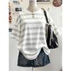 New Y2K Striped Digital Print Casual Oversized Mid-Length Round Neck Drop Shoulder Women Tshirt Street Fashion Casual Sports Top