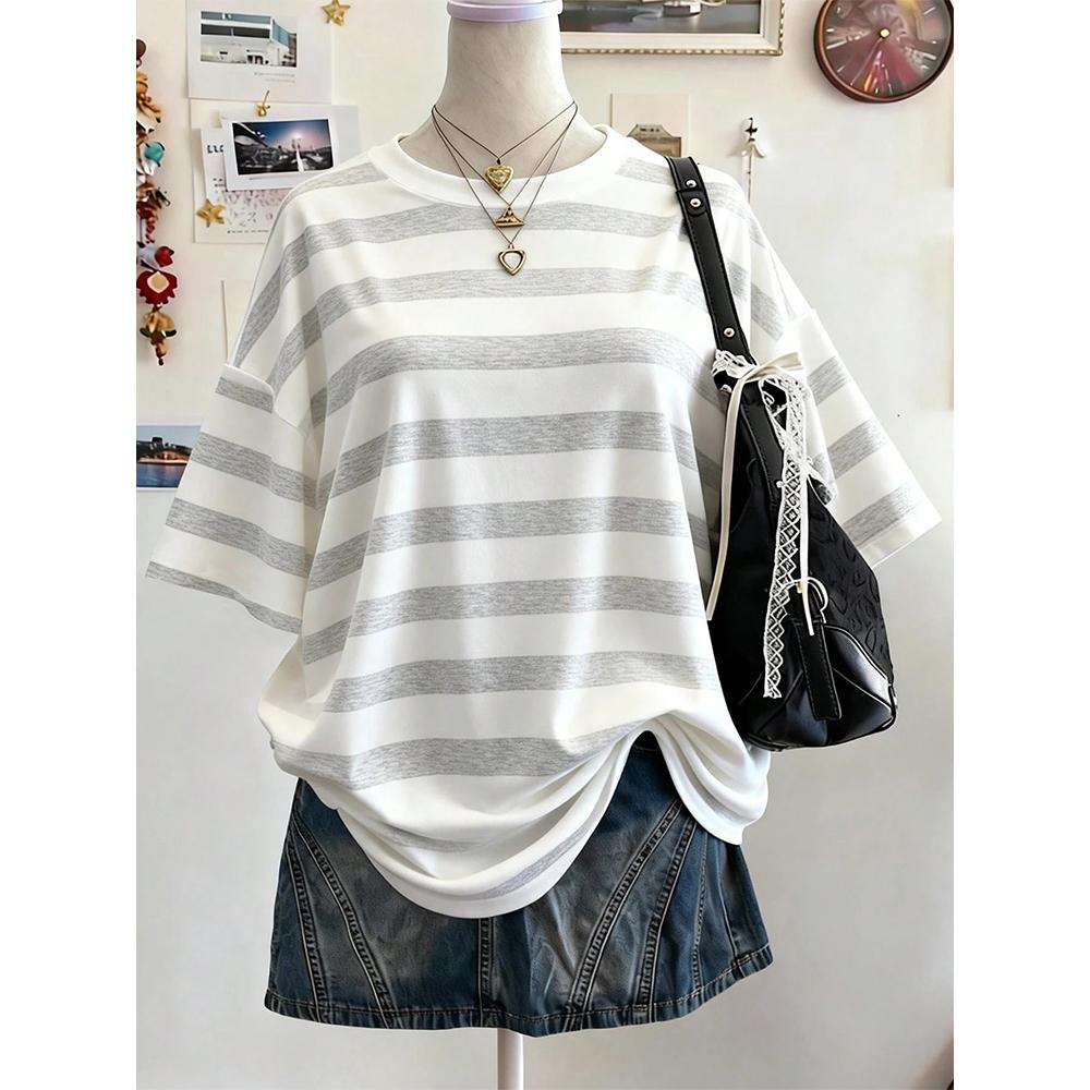 New Y2K Striped Digital Print Casual Oversized Mid-Length Round Neck Drop Shoulder Women Tshirt Street Fashion Casual Sports Top