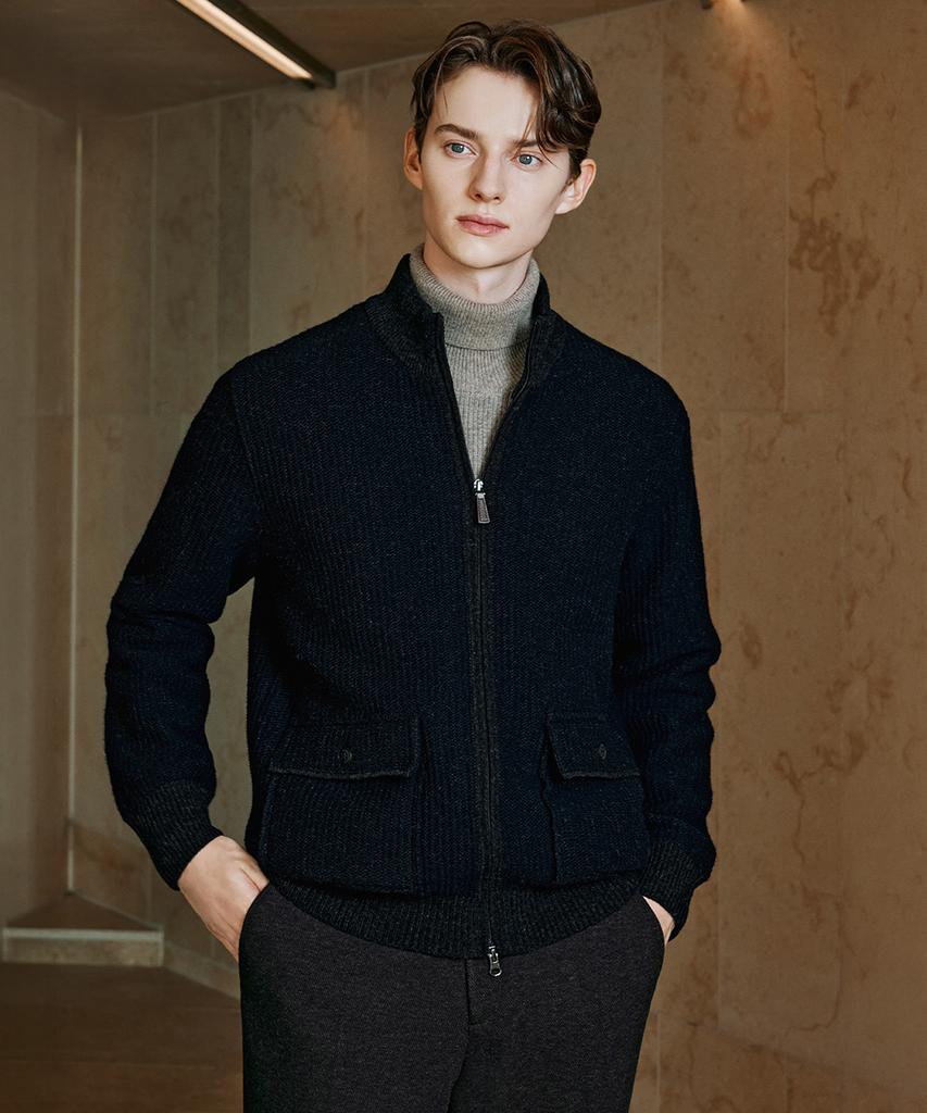 Danielkeulemyu Fw Wool Blend Windproof Knit Zip-Up Navy