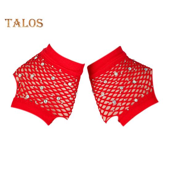 

1 пара перчаток для выступлений, ажурные сетчатые, тонкие, со стразами, высокоэластичные, без пальцев, тонкие, прозрачные, для косплея, клуба, вечеринок, фестивалей красный