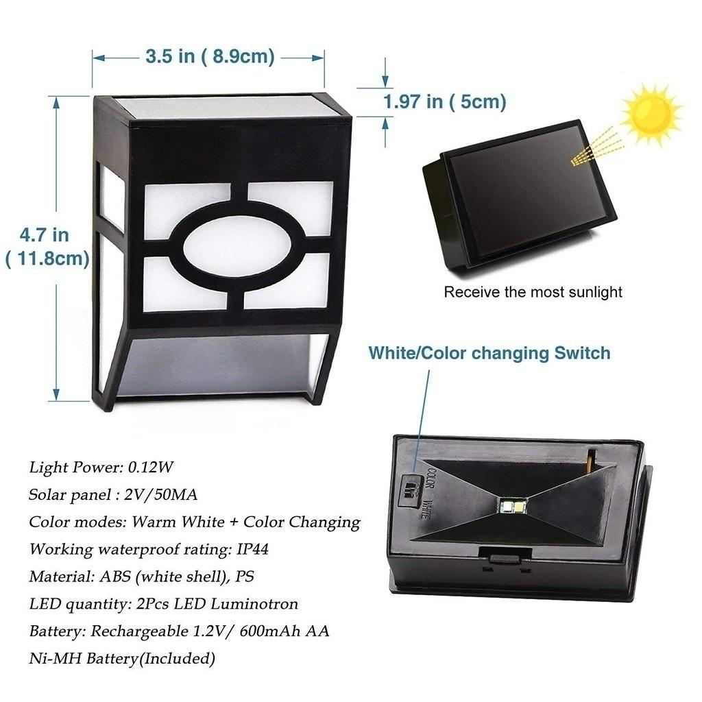 Solar Fence Lights Outdoor, 2 LED Wall Lights Retro Style Lamp Lights Waterproof  for Deck Fence Patio Front Door Stair Landscape Yard