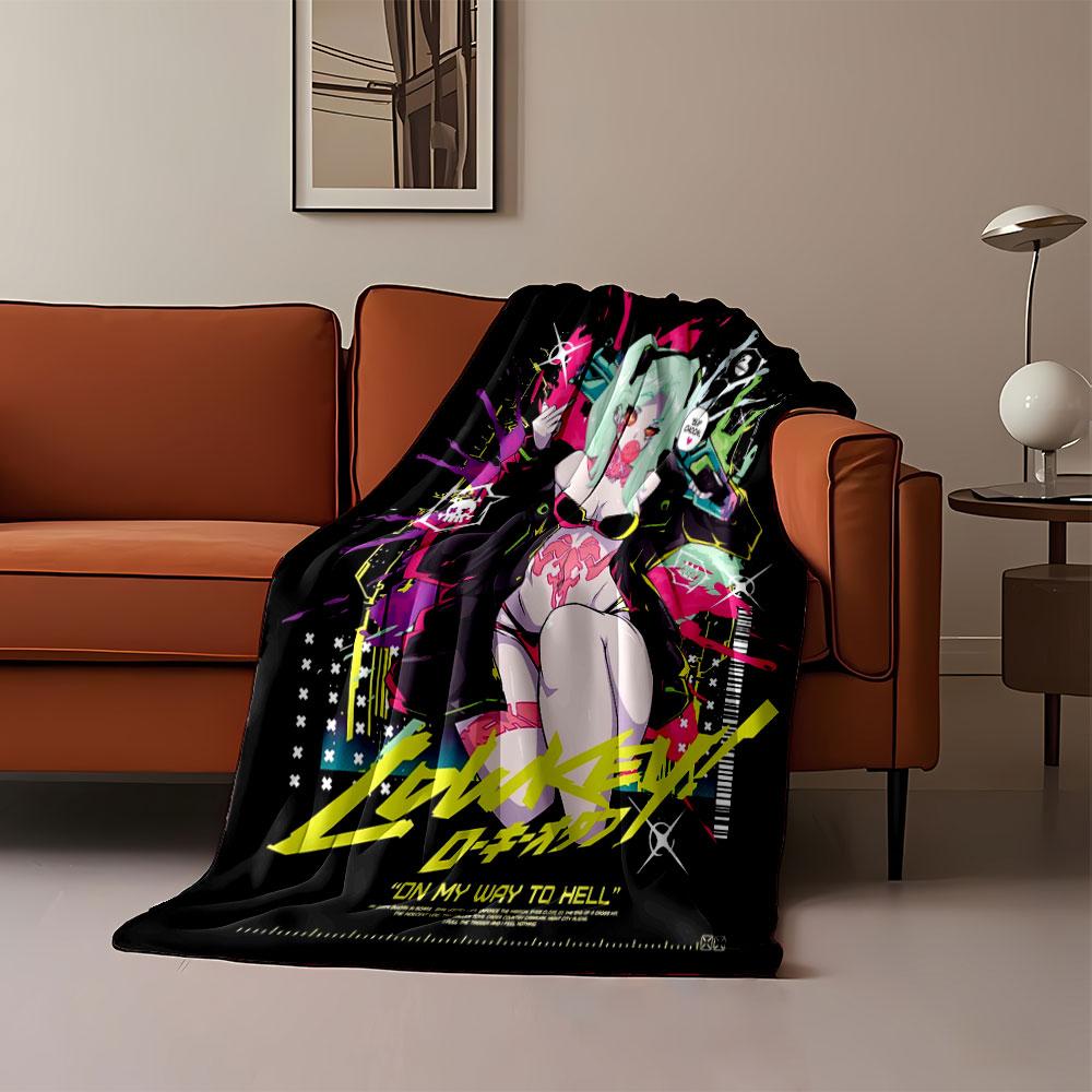 A neon punk anime style with bold graffiti and striking graphic elements. for all seasons blanket lunch break throw gift