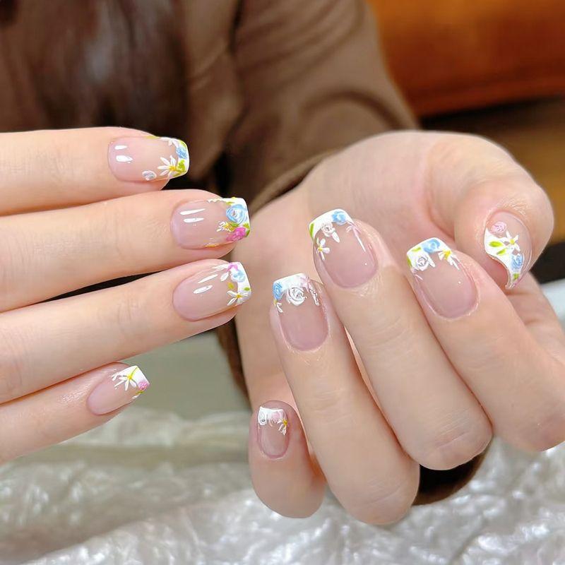 

Short Wear Nail Stickers Fresh Flowers French Style Young Adult Heart Baby Pink Pure Desire Gentle Nude Color Fake Nails Detachable Fresh Flowers French-Short Medium