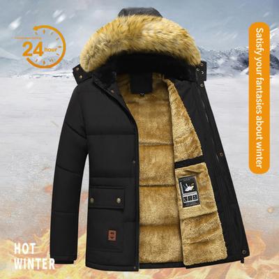 Herren Wintermantel mit Kapuze Plüsch Einfarbig Verdickt Pelzig Kälteschutz Taschen Große Größen Winter Baumwollmantel Herren Kleidung