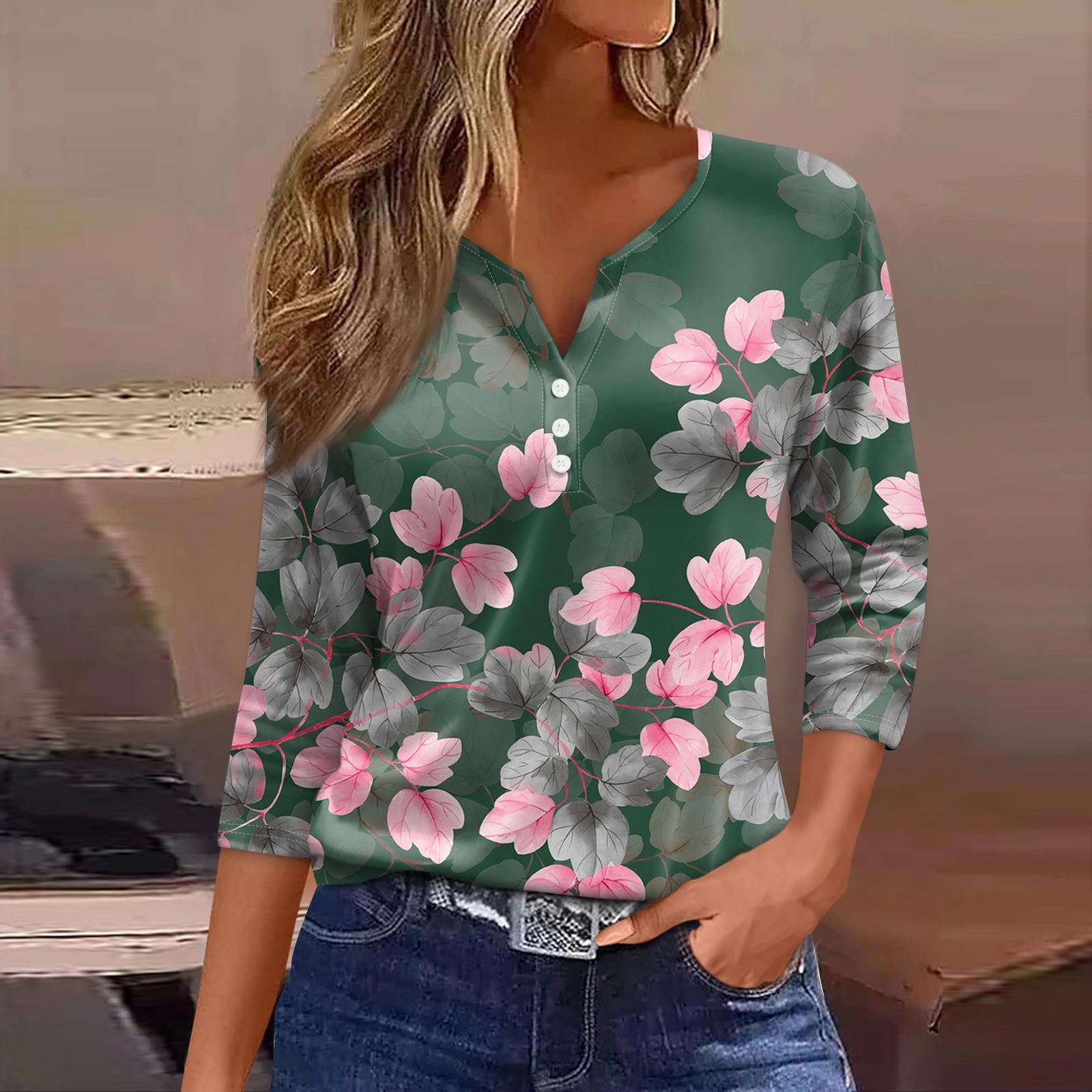 

Жен. Футболка Футболка С принтом Пуговицы Рукав 3/4 Повседневные Выходные Мода Классический V-образный вырез Обычный Топ XXL темно-зеленого