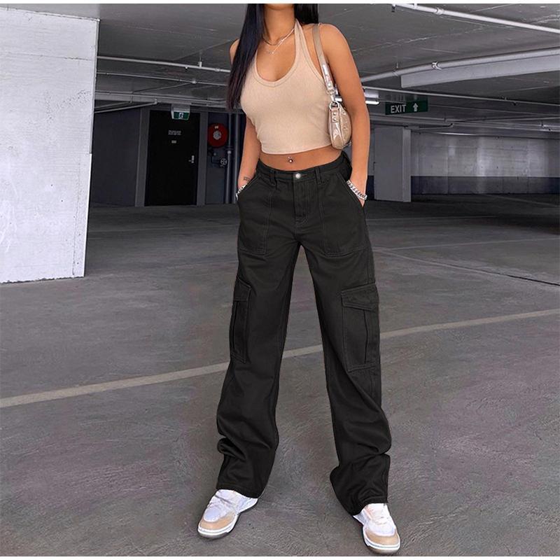 Women Cargo Pants High Waist Solid Color Loose Multi Pockets Full Length Soft Breathable Casual Streetwear Lady Denim Trousers