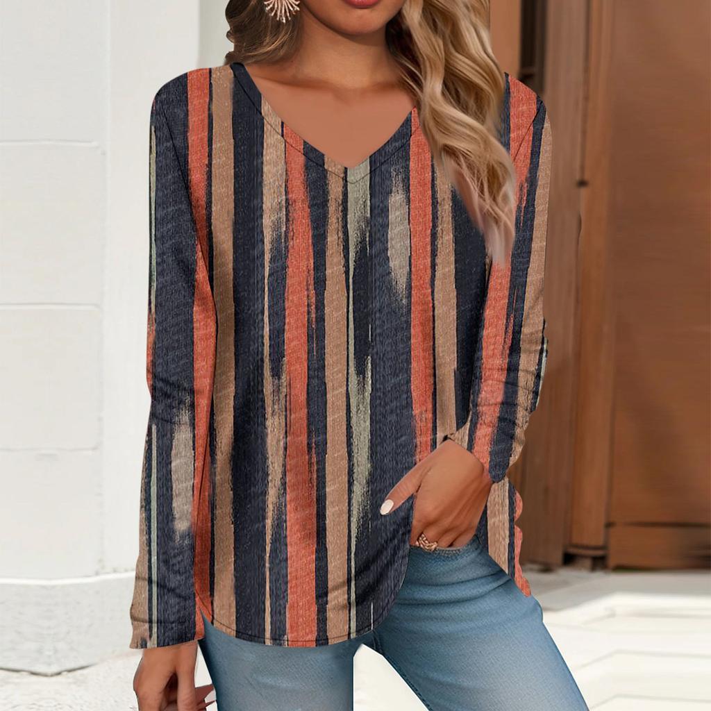 Mujer Camiseta Retro Estampado Manga Larga Diario Fin de semana Diario Básico Escote en Pico Regular Otoño Invierno Tops