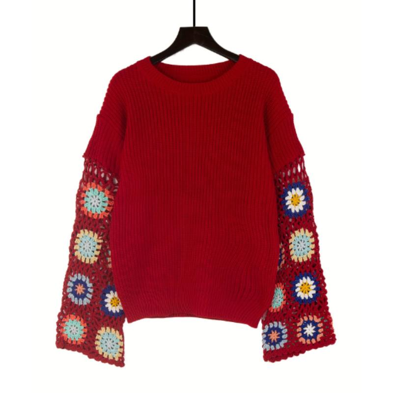 

Осенне-зимняя куртка, вязаный расклешенный рукав, свитер ручной работы с ажурным цветком, круглый вырез, пуловер, женская одежда M красный