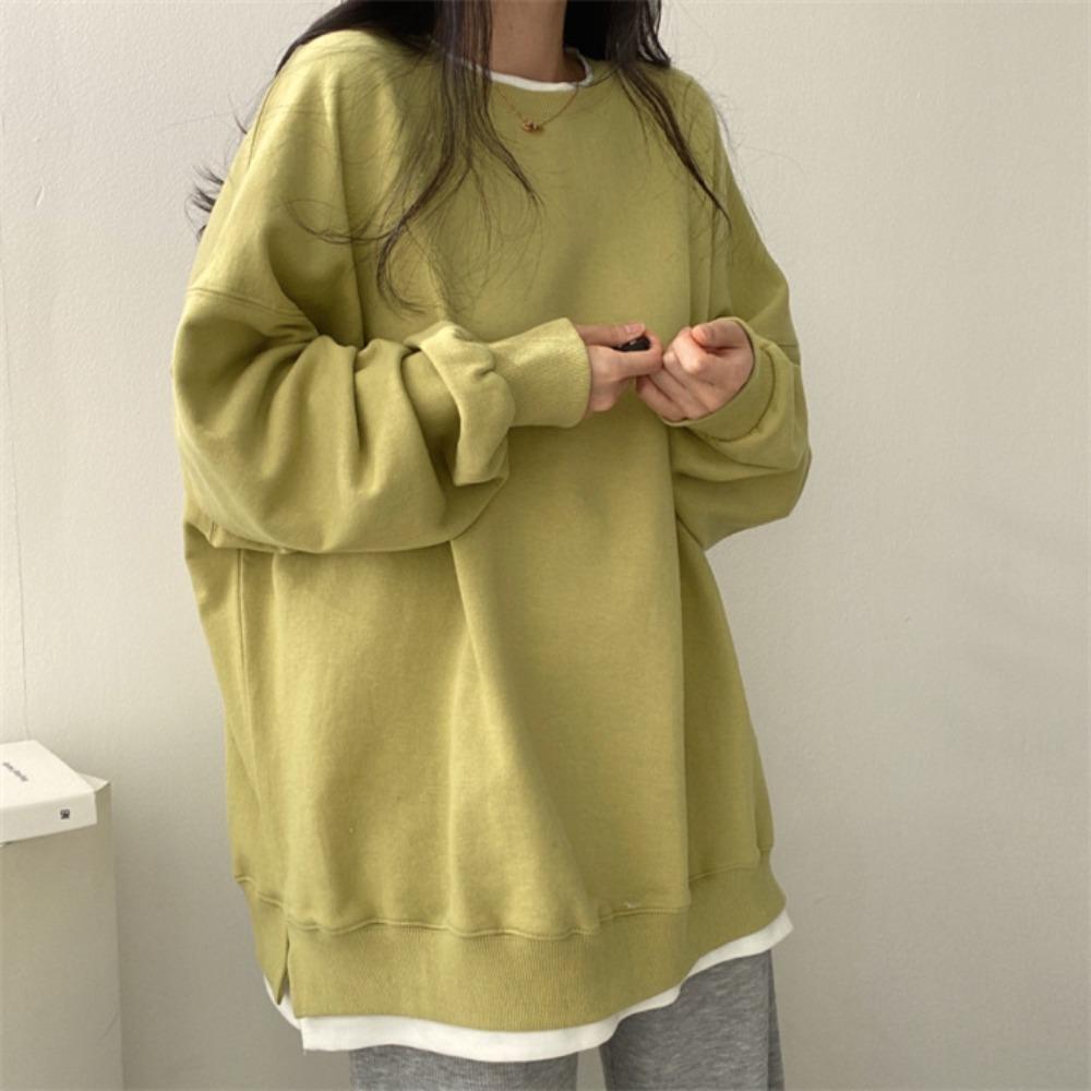 Women's Casual Two-in-One Sweatshirt, Loose Korean Style Solid Color Fleece Top, All-Match Spring Autumn Outerwear