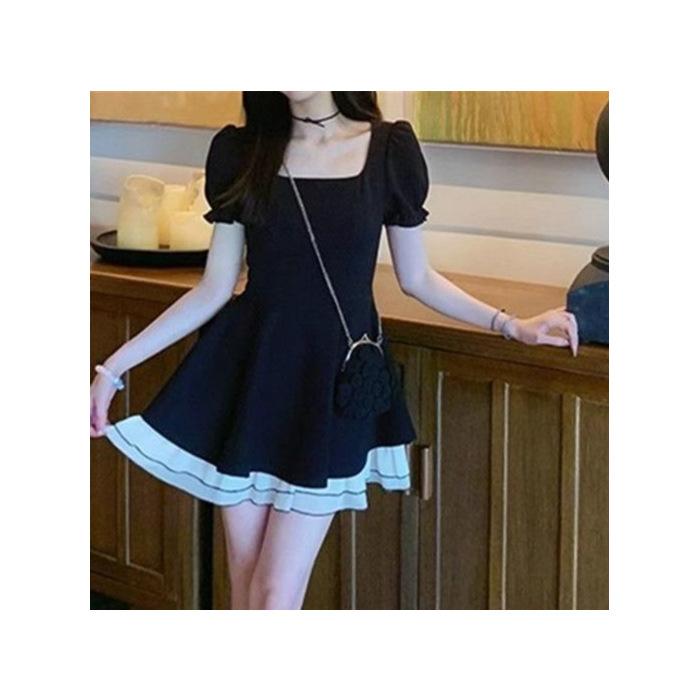 

Black swan contrasting color short-sleeved skirt, small black skirt, thin A-shaped dress, Hepburn elastic elastic waist skirt XL