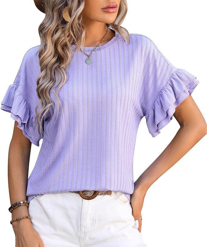 Women's clothing European and American spring and summer new solid color round neck lotus leaf sleeve short sleeve T-shirt top