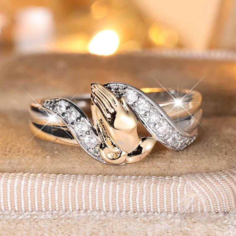 Vintage Silver Color Golden Prayer Rings for Women Unique Religious Hand Zircon Jewelry Gifts