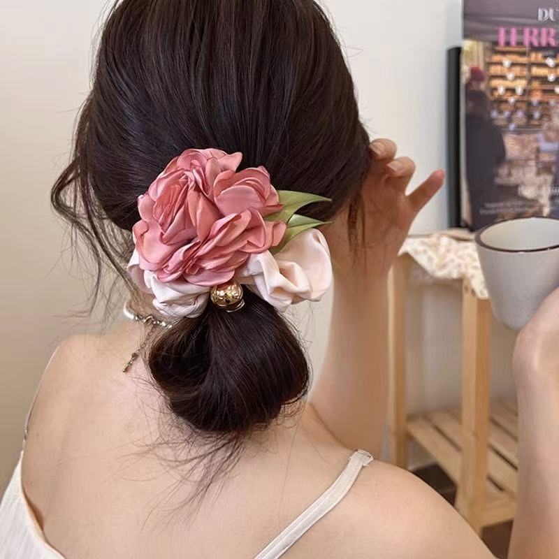Romantic Rose! Camellia Flower Hair Band! High Sense Ponytail Flower Pleated Large Intestine Head Rope Mori Women