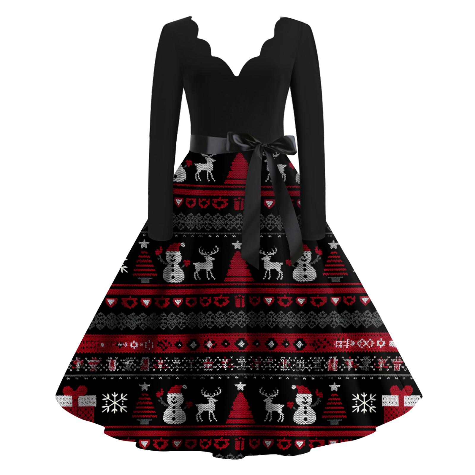 

Women s Casual Fashion Christmas Holiday Print V-neck Vintage Dress L
