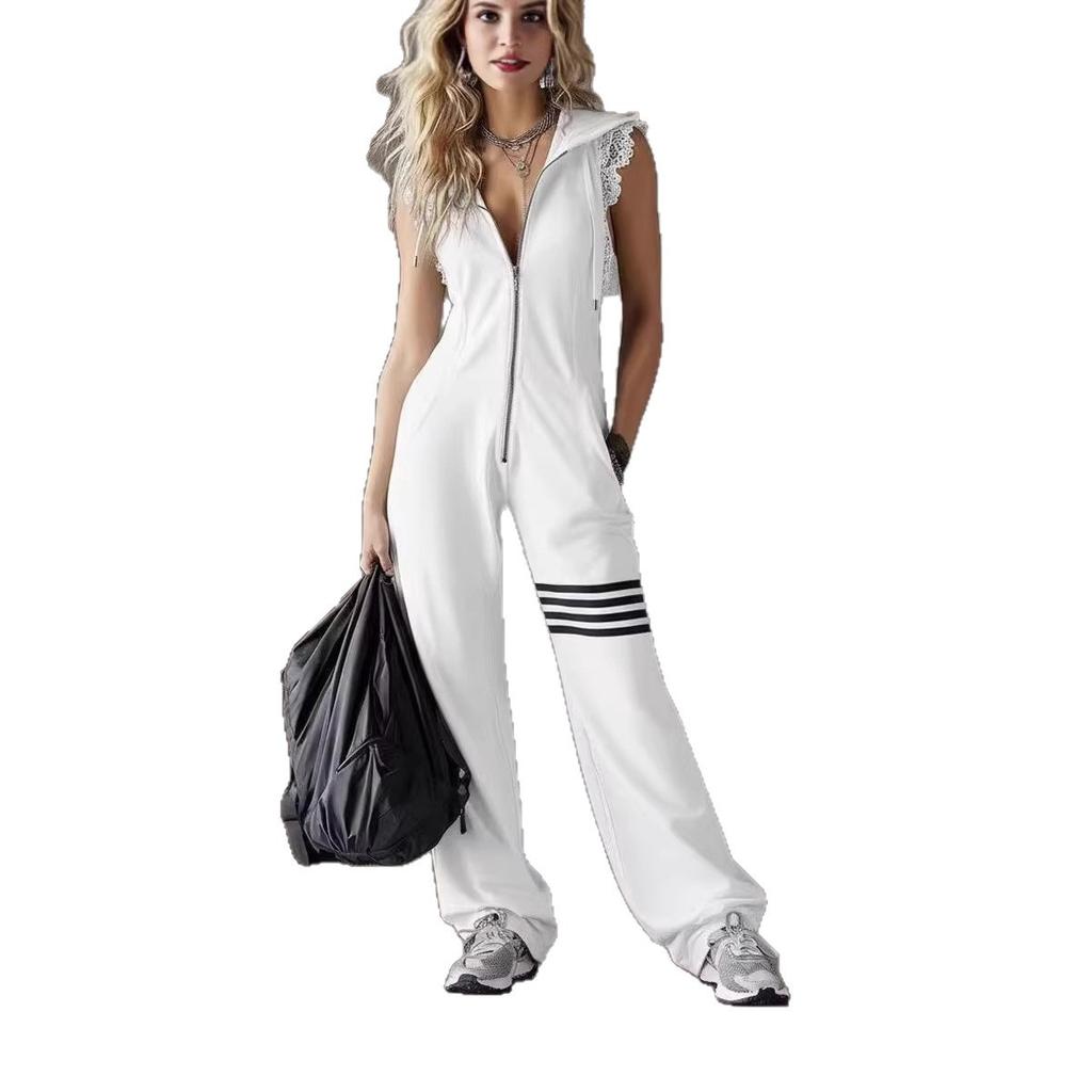 2026 European and American cross-border women's clothing Amazon summer new sports retro lace striped sleeveless hooded onesie