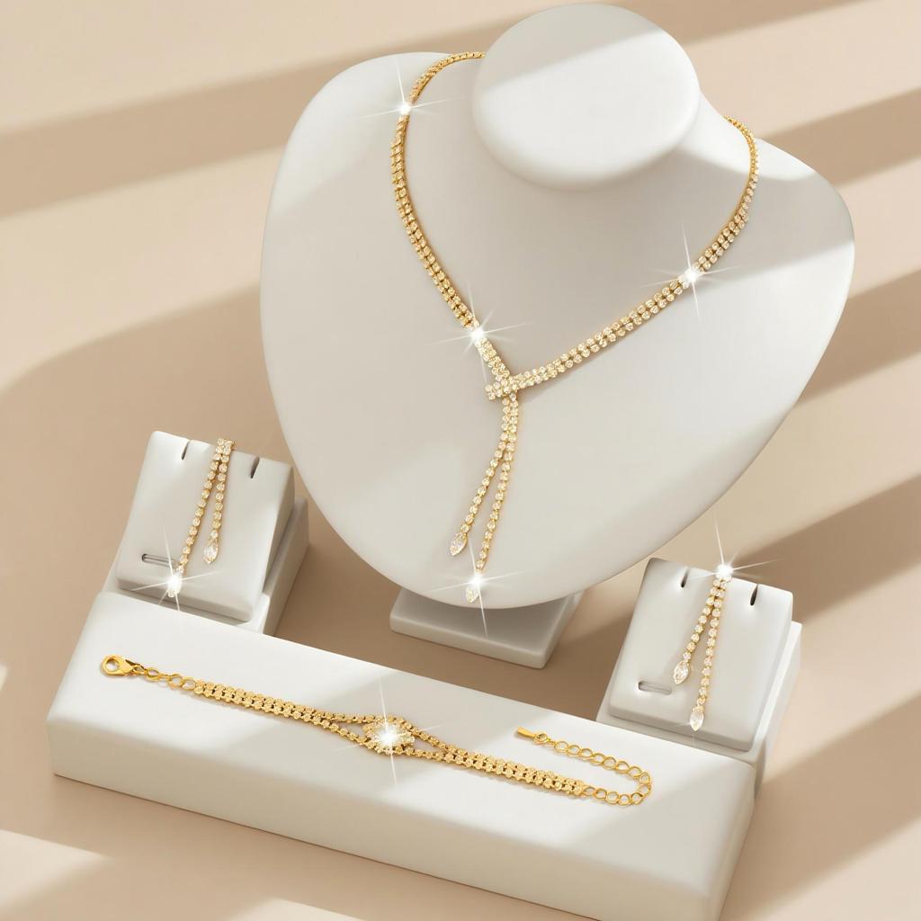 Elegant Full Diamond Jewelry Set: Necklace, Earrings, Bracelet, Ring for Weddings and Banquets