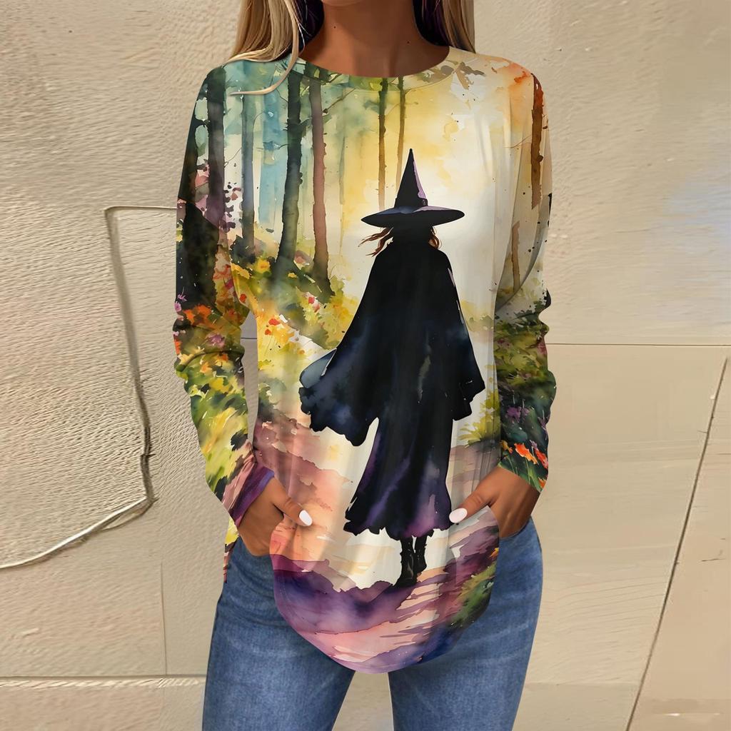 Women's Loose Fit Round Neck Long Sleeve Halloween Printed T-Shirt Vintage Irregular Hem Pullover