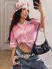 Dames Zomer Roze Cijferprint Casual Mesh Ademend T-shirt V-hals Sportshirt Y2K Hip Hop Vintage Mode Streetwear